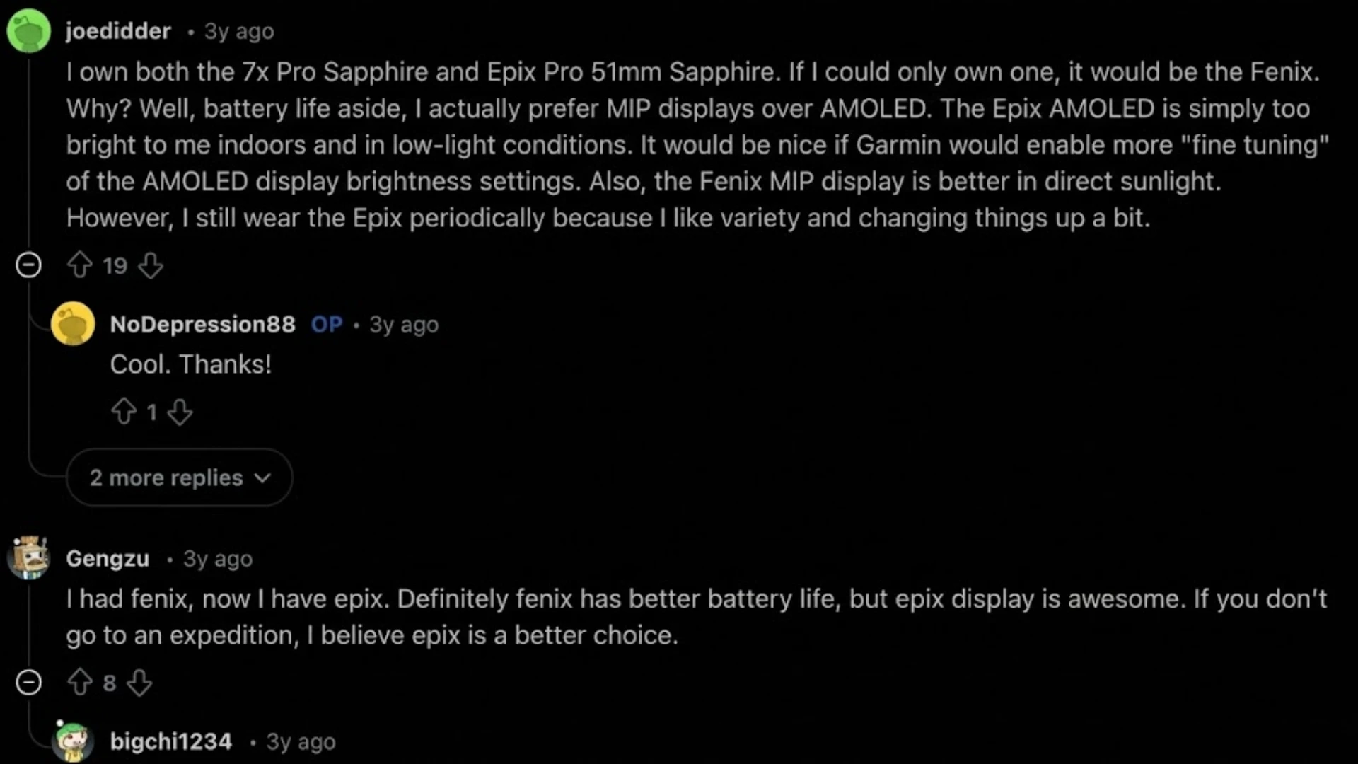 Reddit users compare Garmin Epix vs Fenix, discussing battery life, AMOLED brightness, and display preferences