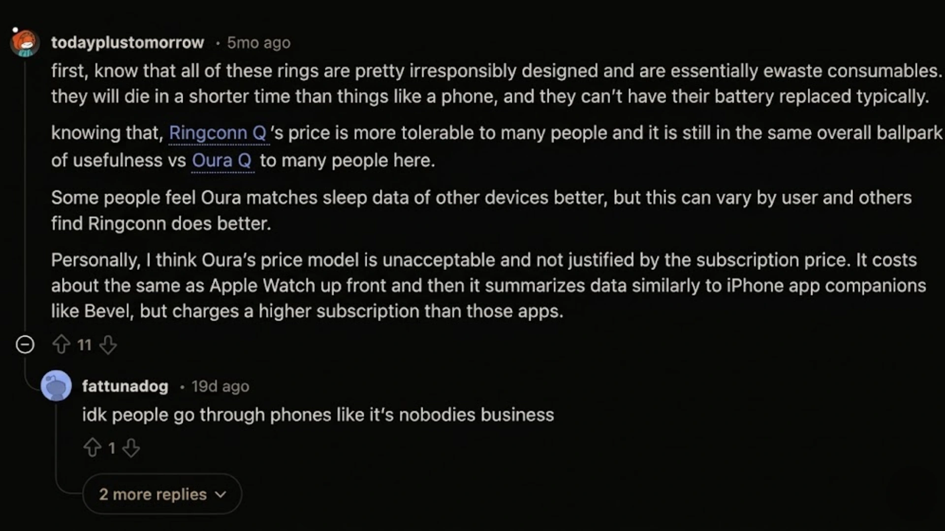 Reddit users discuss RingConn vs Oura, highlighting cost, battery life, and subscription concerns