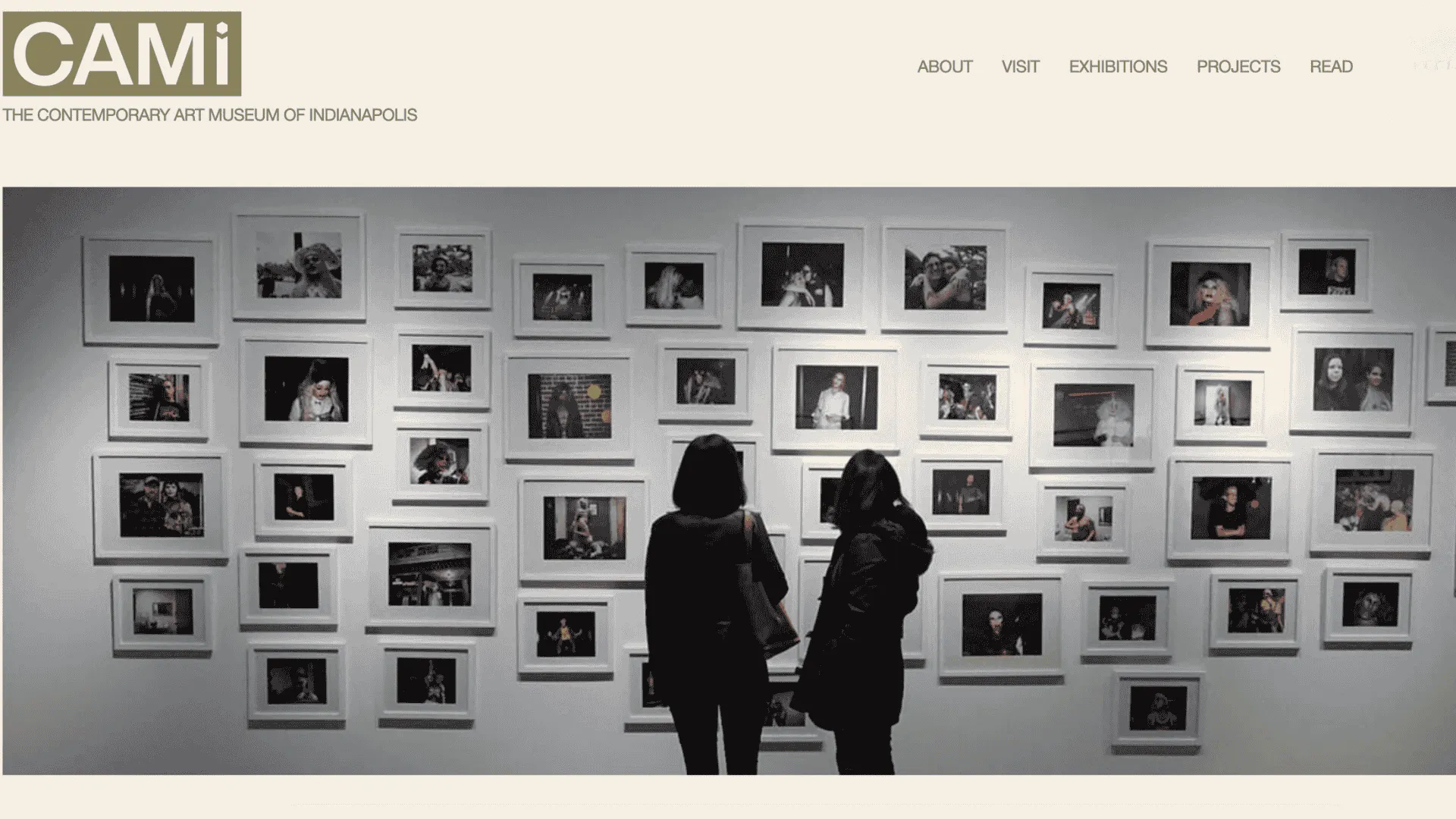 Screenshot of CAMi website homepage showing contemporary art campus description and navigation menu on beige background