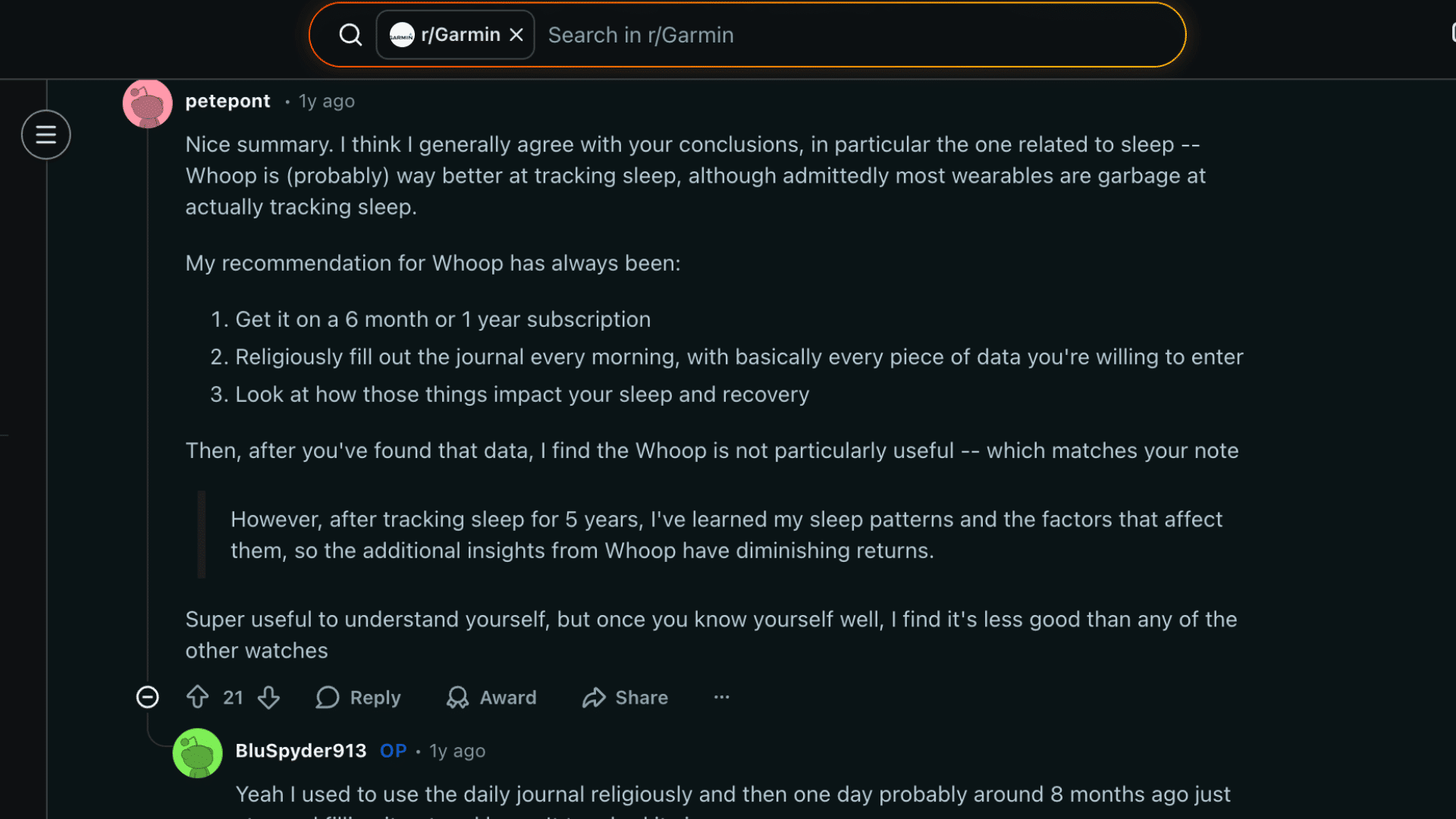Screenshot of Reddit discussion comparing Garmin vs Whoop with user opinions on sleep tracking, recovery, and device experience