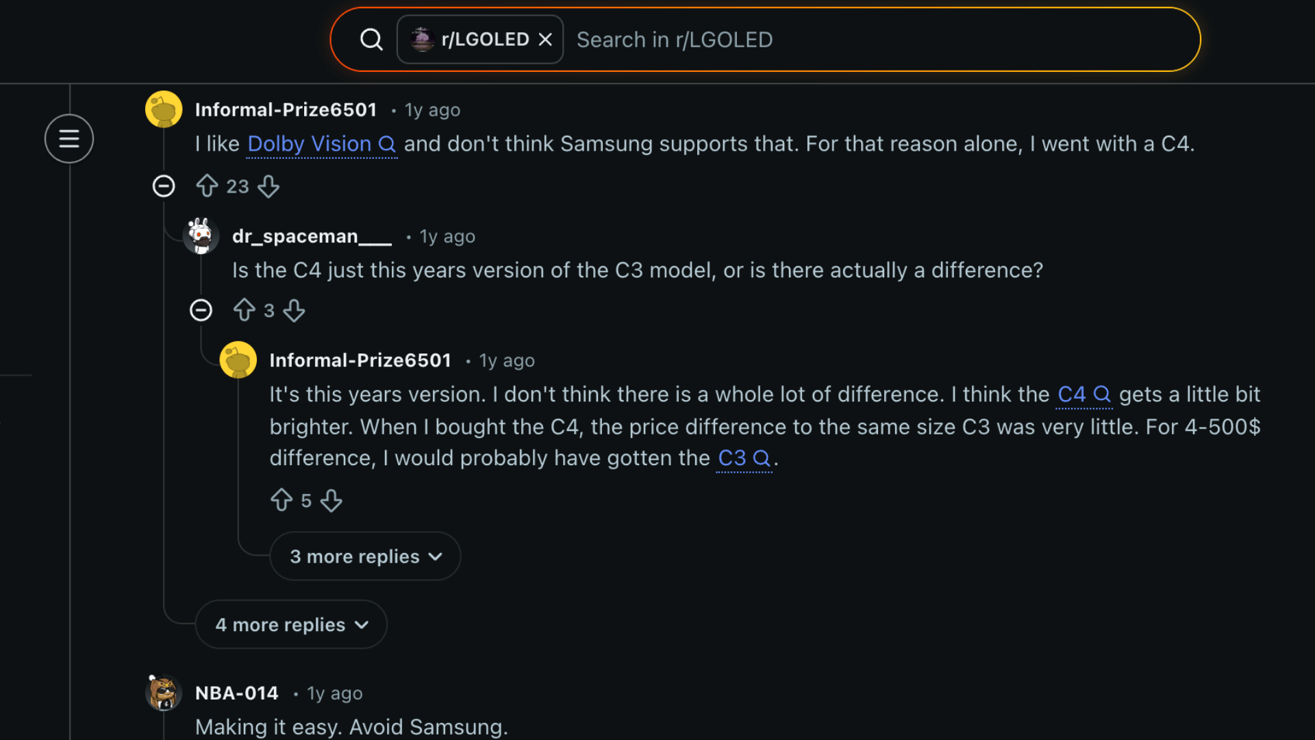 Screenshot of Reddit discussion comparing LG vs Samsung TVs with user comments on Dolby Vision and performance