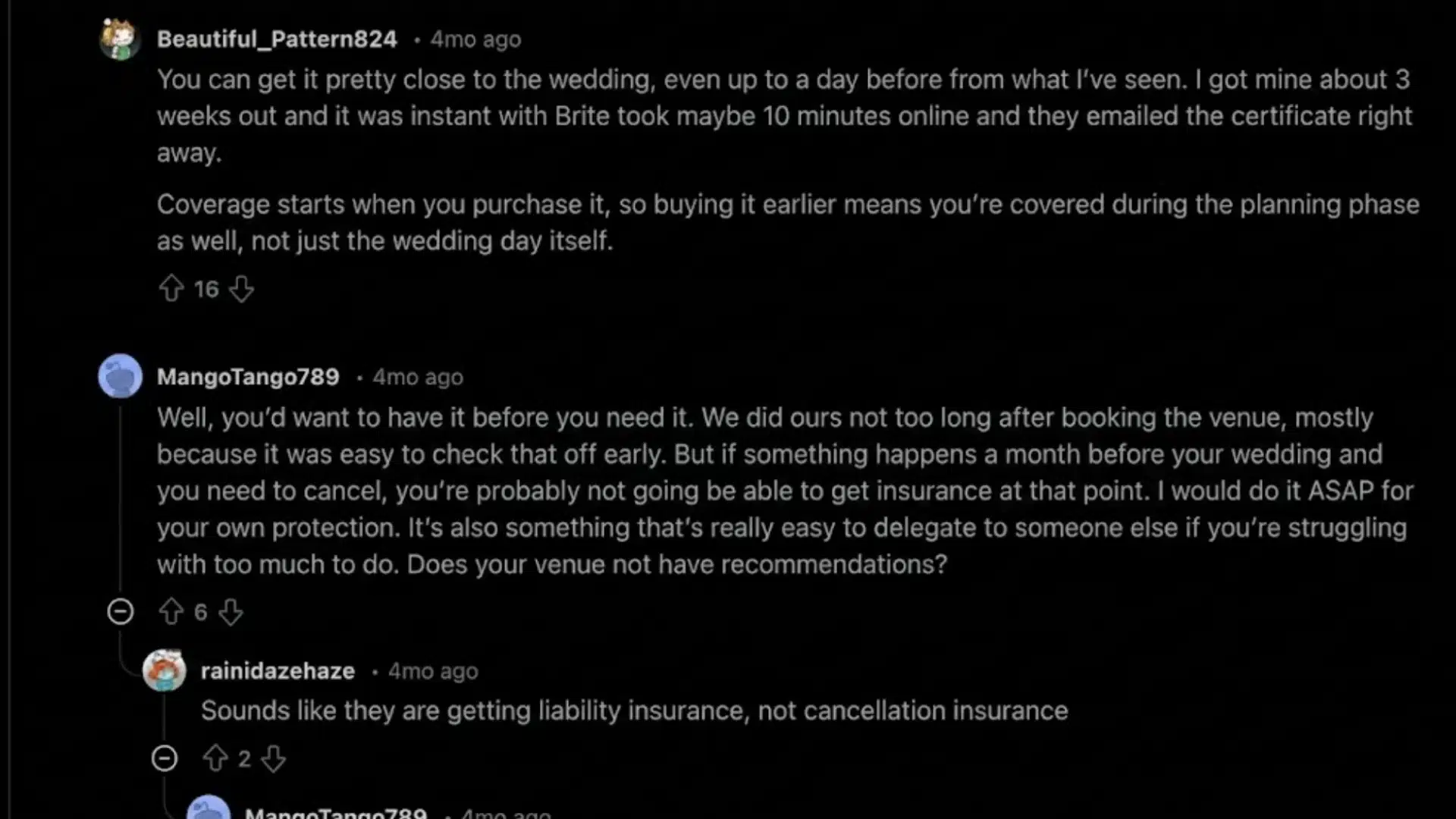 Screenshot of Reddit users discussing when to buy wedding event insurance and sharing experiences