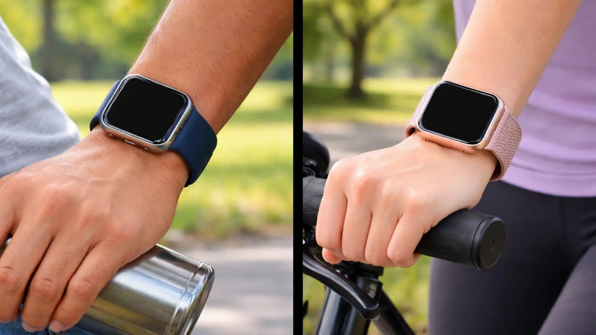 Side by side Apple Watches with sport band and solo loop during outdoor activities