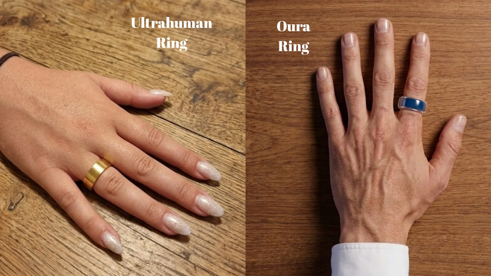 Side by side Ultrahuman and Oura rings on hands showing design, fit, and real world wear comparison