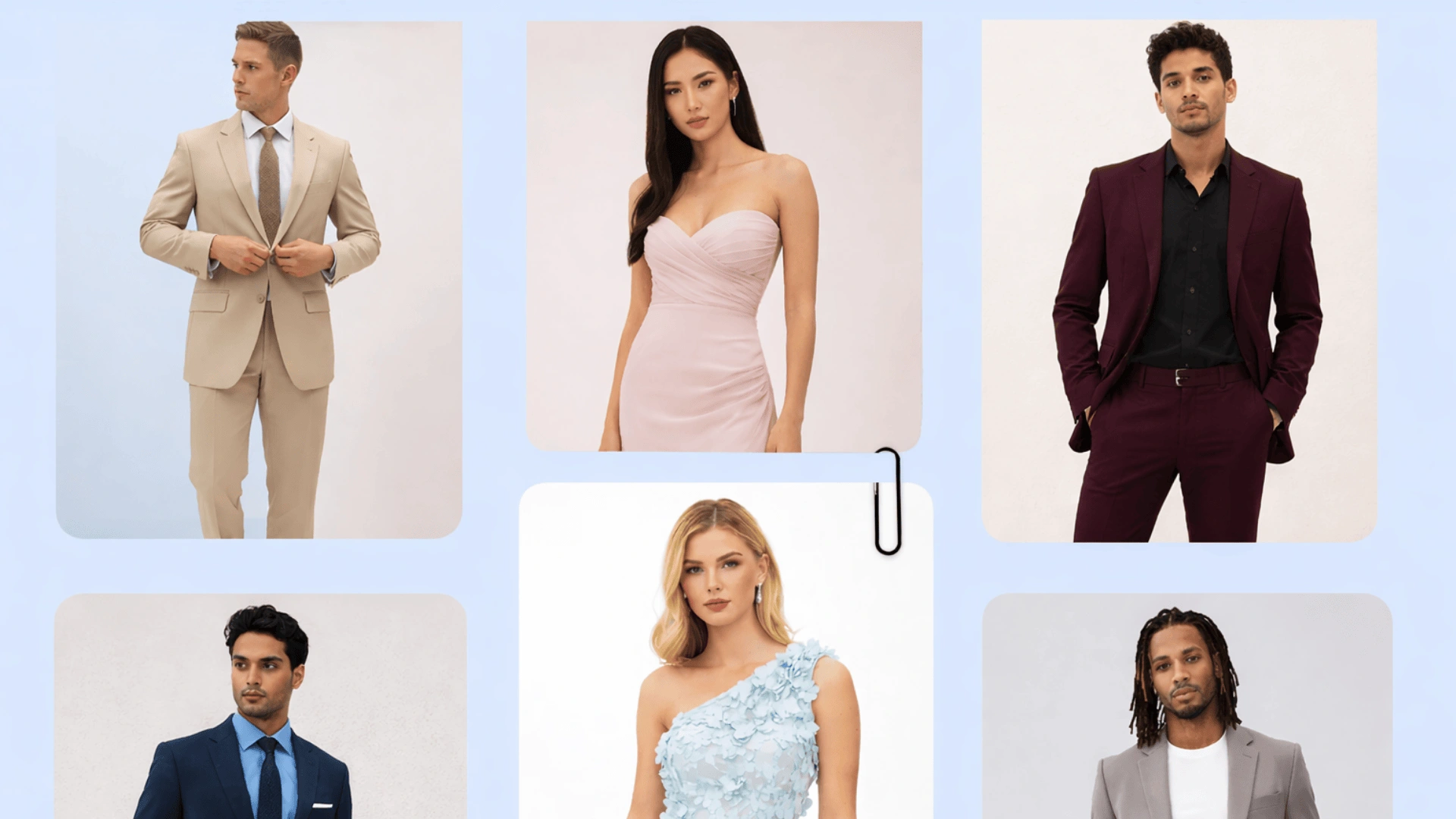 Six framed portraits of stylish models in formal and semi formal outfits on a soft blue background collage