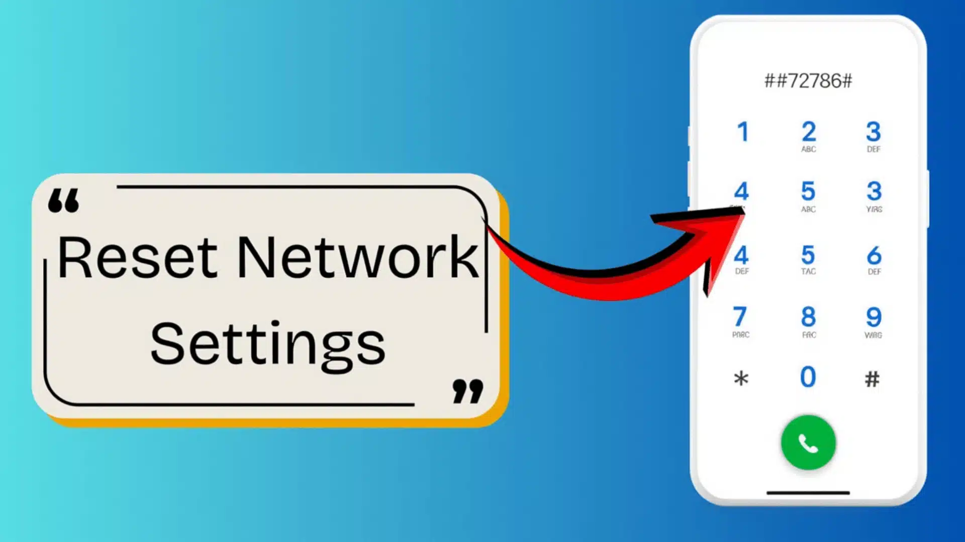 Smartphone dialer showing code ##72786# used to reset network settings with arrow pointing to keypad input