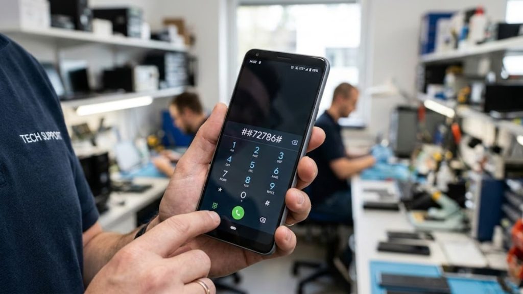 Smartphone screen showing a dialer with the code ##72786# typed (1)