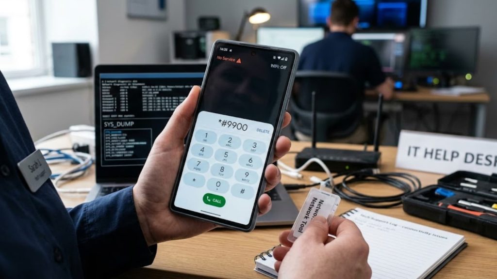 Smartphone screen showing a dialer with the code #9900 typed, mobile network signal icons in background