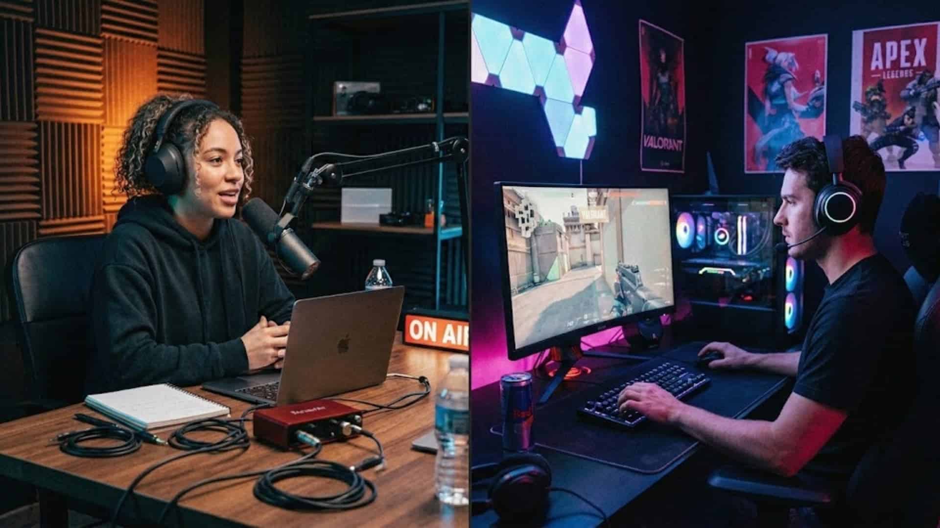Split scene comparison showing a podcaster and a gamer using mic monitoring