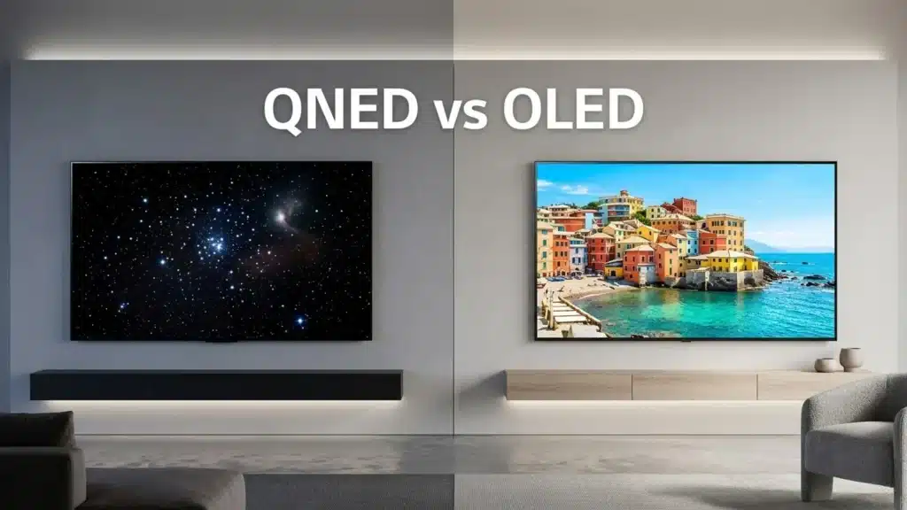 Split screen QNED vs OLED TVs showing dark space scene on left and bright coastal scene on right in modern living room