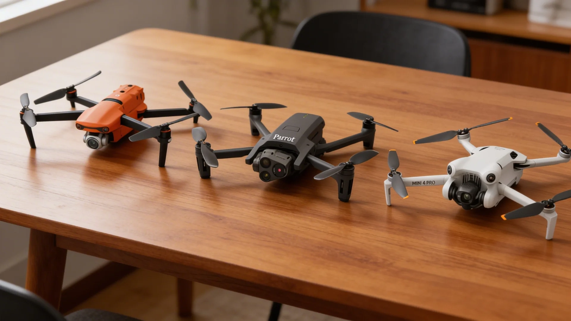 Three drones placed on a wooden table, including DJI Mini 4 Pro, Parrot Anafi, and Autel EVO models for comparison