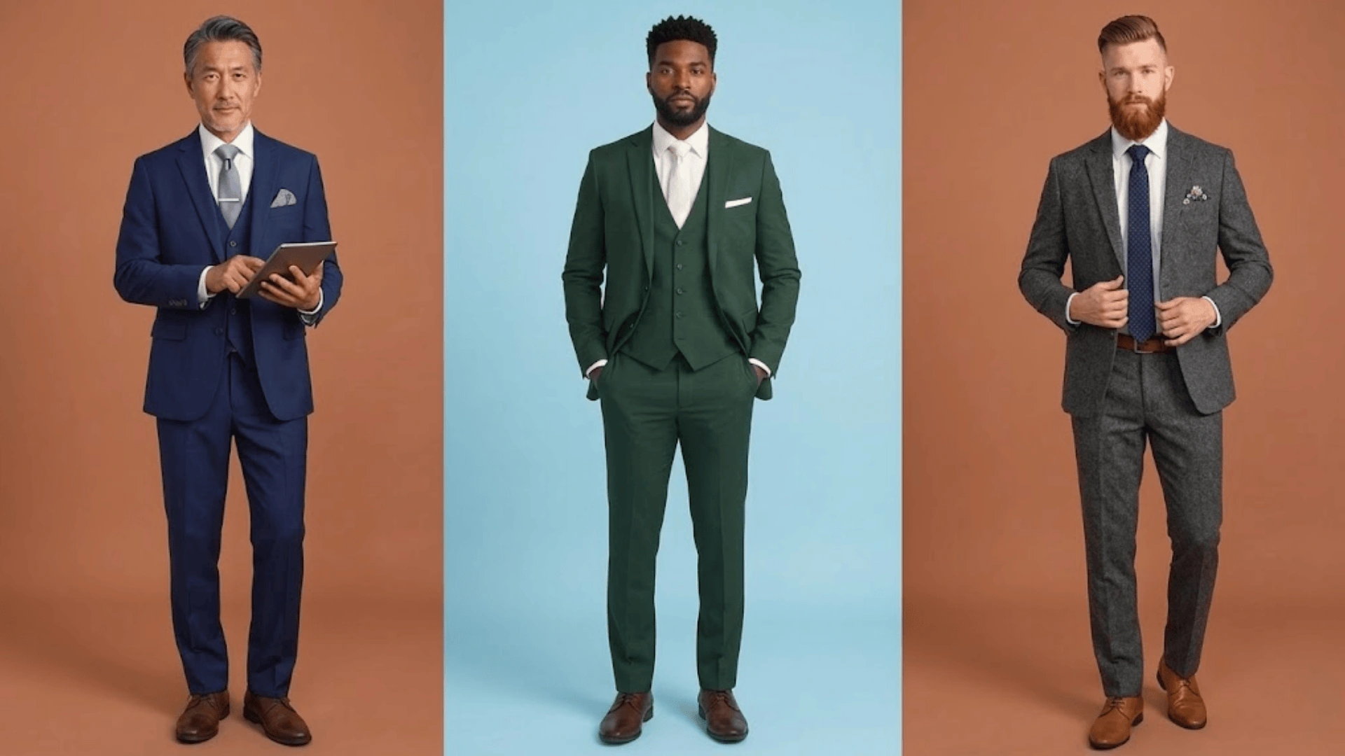 Three men wearing formal suits in blue, green, and gray, posing confidently against solid color backgrounds