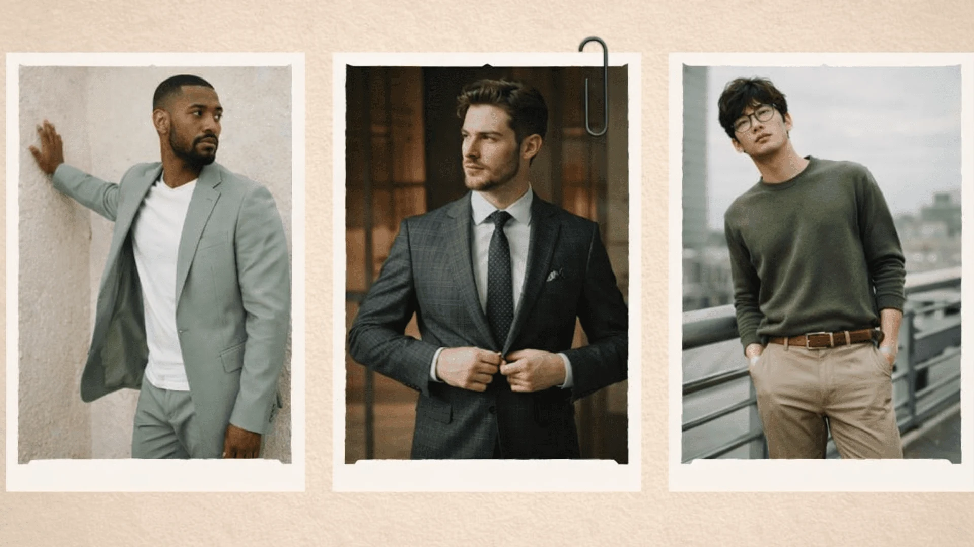 Three polaroid-style photos of stylish men in modern outfits on a beige background with a clean layout