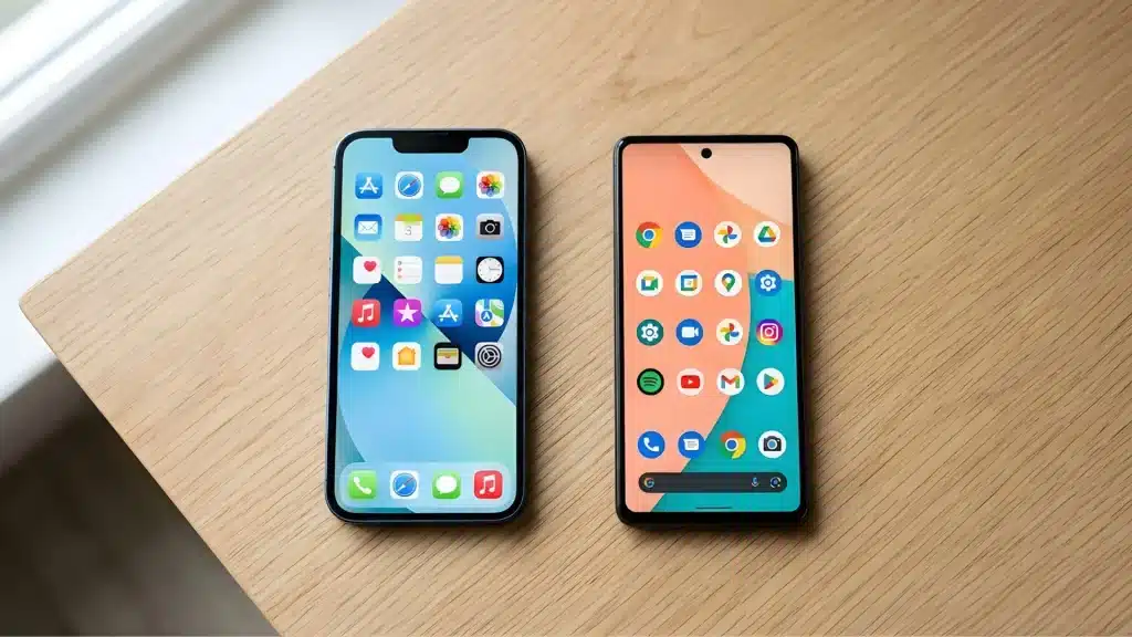 Top view of iPhone and Android smartphones side by side on a wooden desk, showing their home screens and interface design differences
