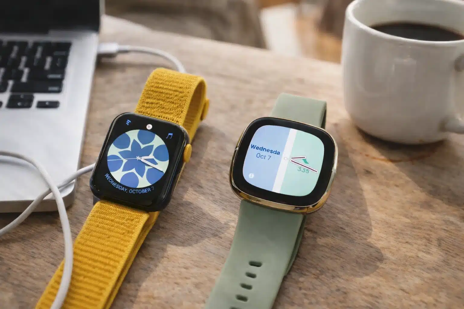 Two Apple Watch models with solo loop and sport band placed on wooden desk near laptop and coffee mug