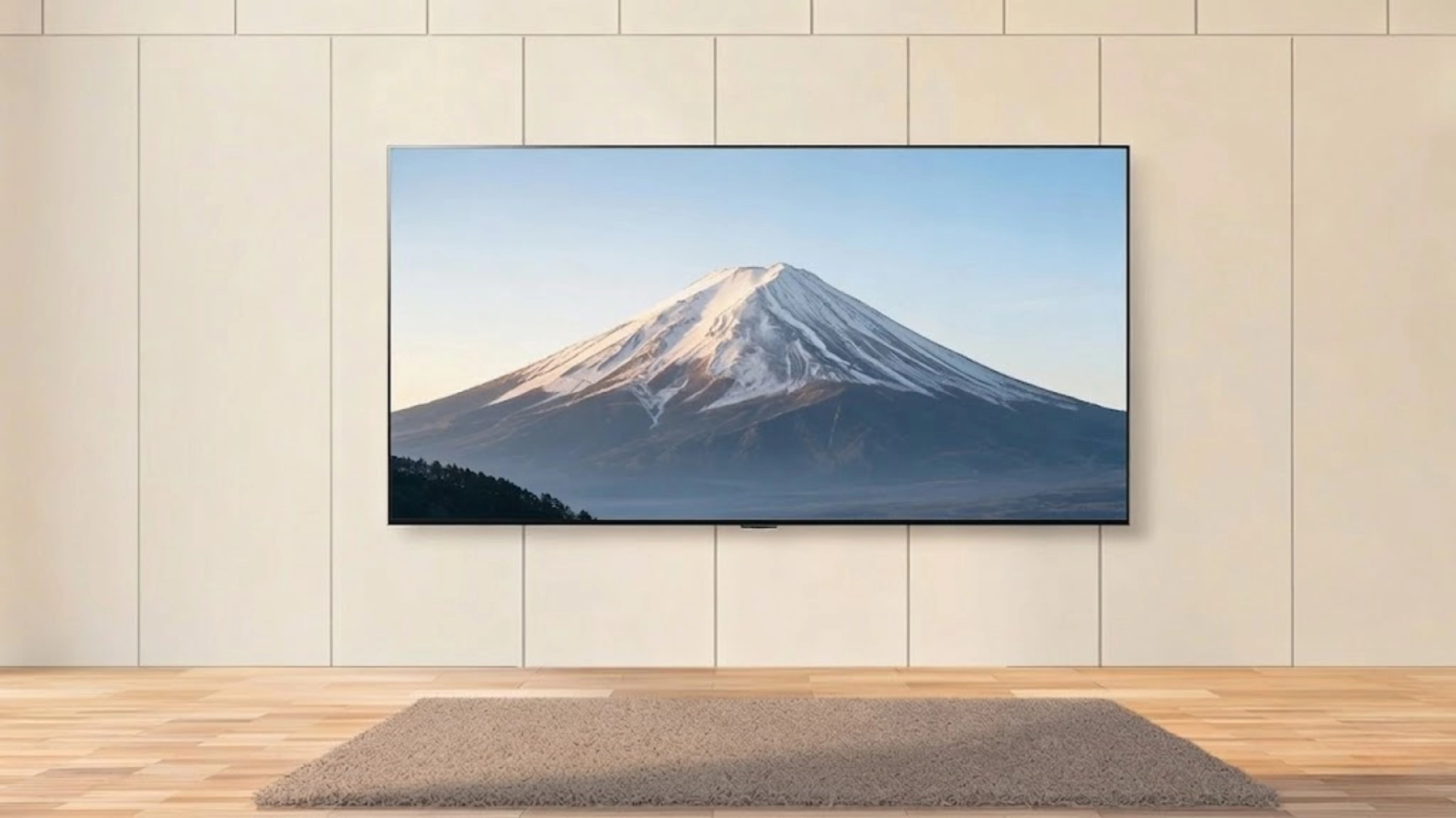 Wall-mounted flat screen TV displaying mountain landscape with snow peak in a minimal living room setup