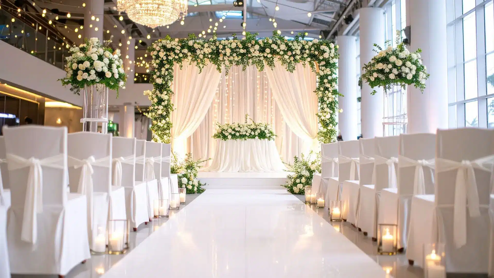 Wedding ceremony setup with white aisle, floral arch, candles, and elegant indoor lighting