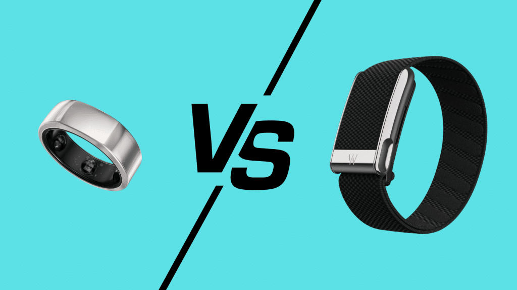 Whoop band vs Oura Ring comparison image showing wearable design difference between wrist tracker and smart ring