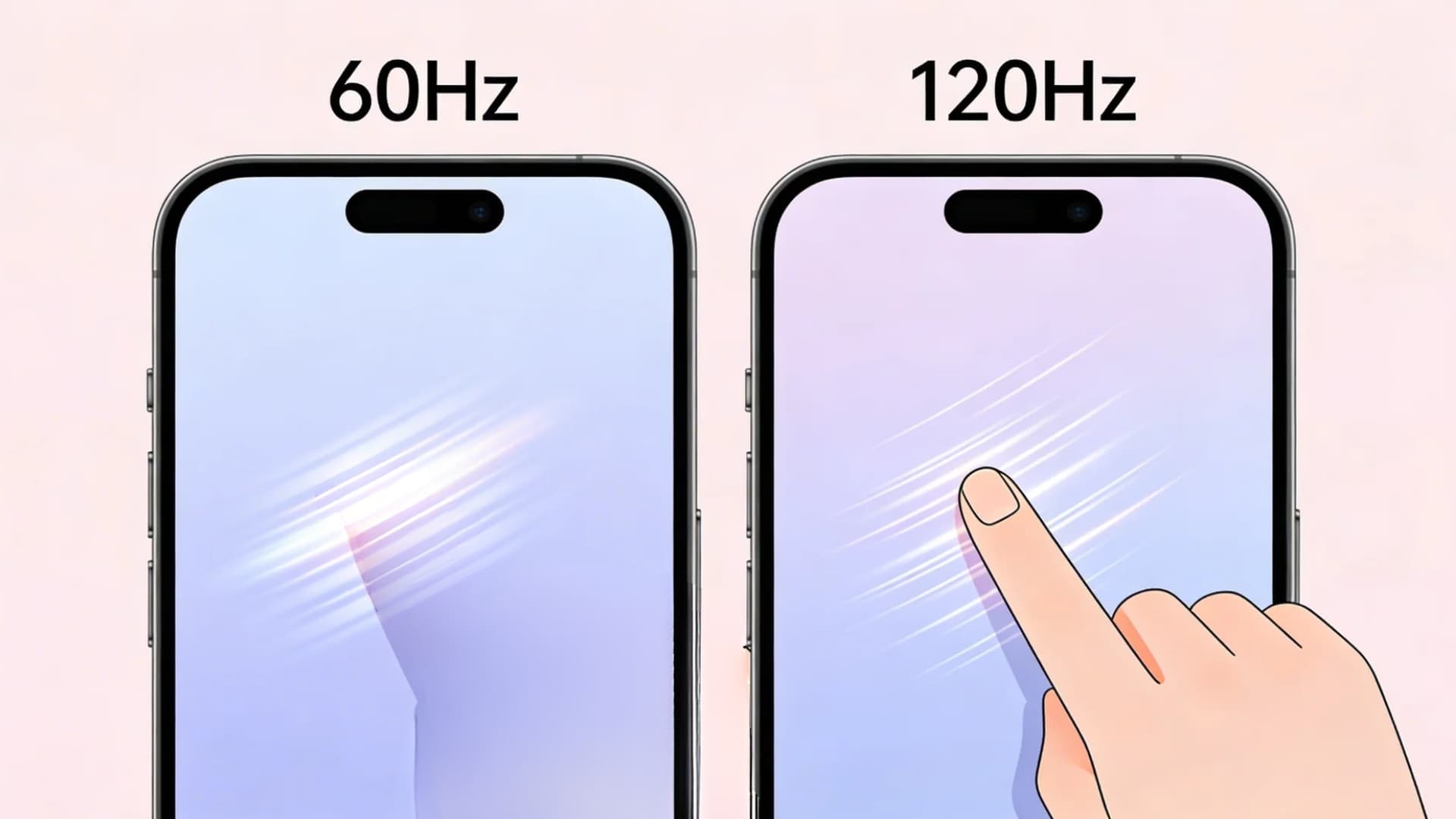 A clean side by side flat illustration of two modern smartphones comparing display refresh rates, one labeled 60Hz and the other 120Hz