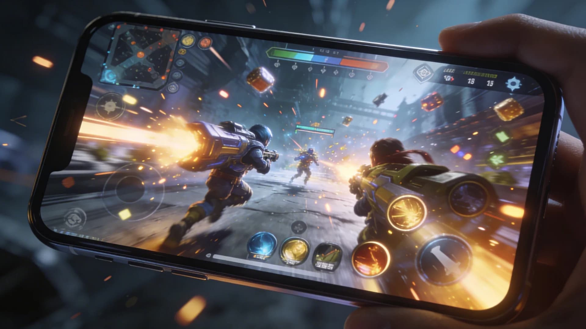 A mobile gaming scene with ultra-smooth motion, fast-paced action, sharp visuals, glowing effects, realistic smartphone display