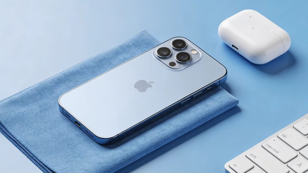 A modern iPhone placed diagonally on a soft blue surface with a matching cloth underneath, minimal workspace setup with a keyboard edge