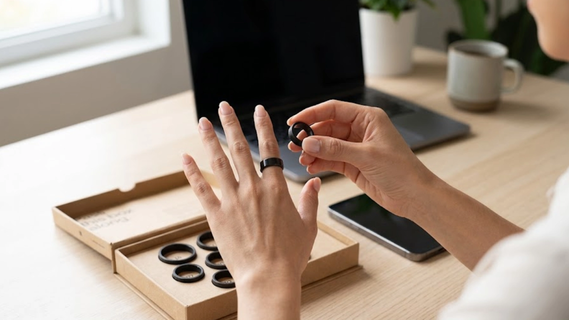 A person using an Ultrahuman sizing kit at a clean desk, focusing on their hands and the measurement process in natural light.