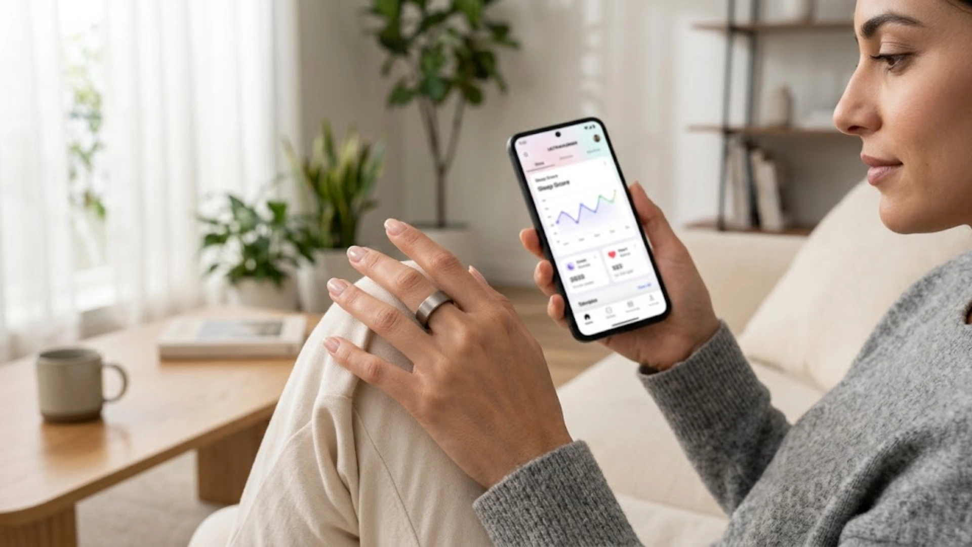 A person wearing a sleek smart ring looks at health charts on a smartphone in a bright, modern living room.