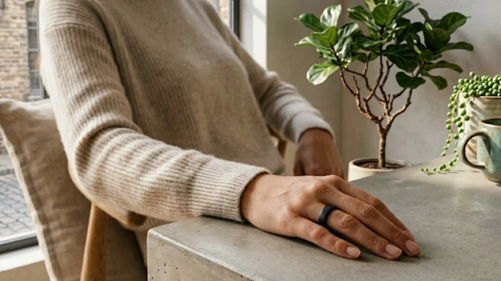 A person with a smart ring on their index finger rests their hand on a concrete table with plants.
