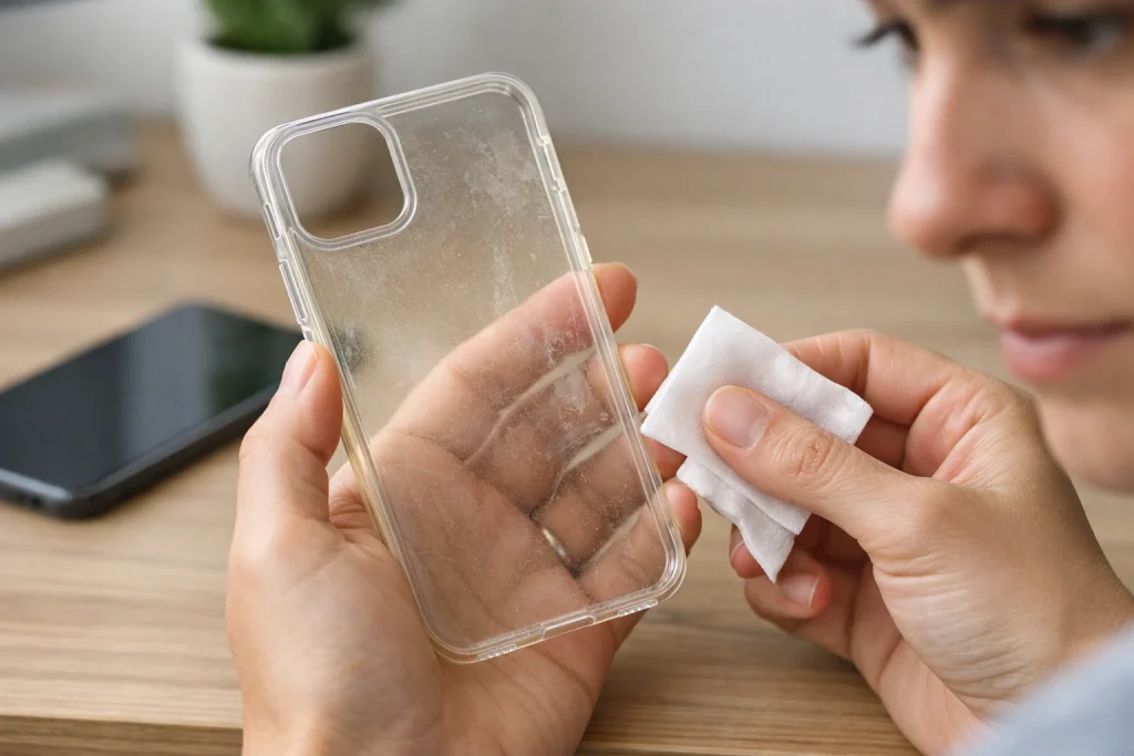 A woman cleaning a yellowed clear phone case with a white wipe on a wooden desk.
