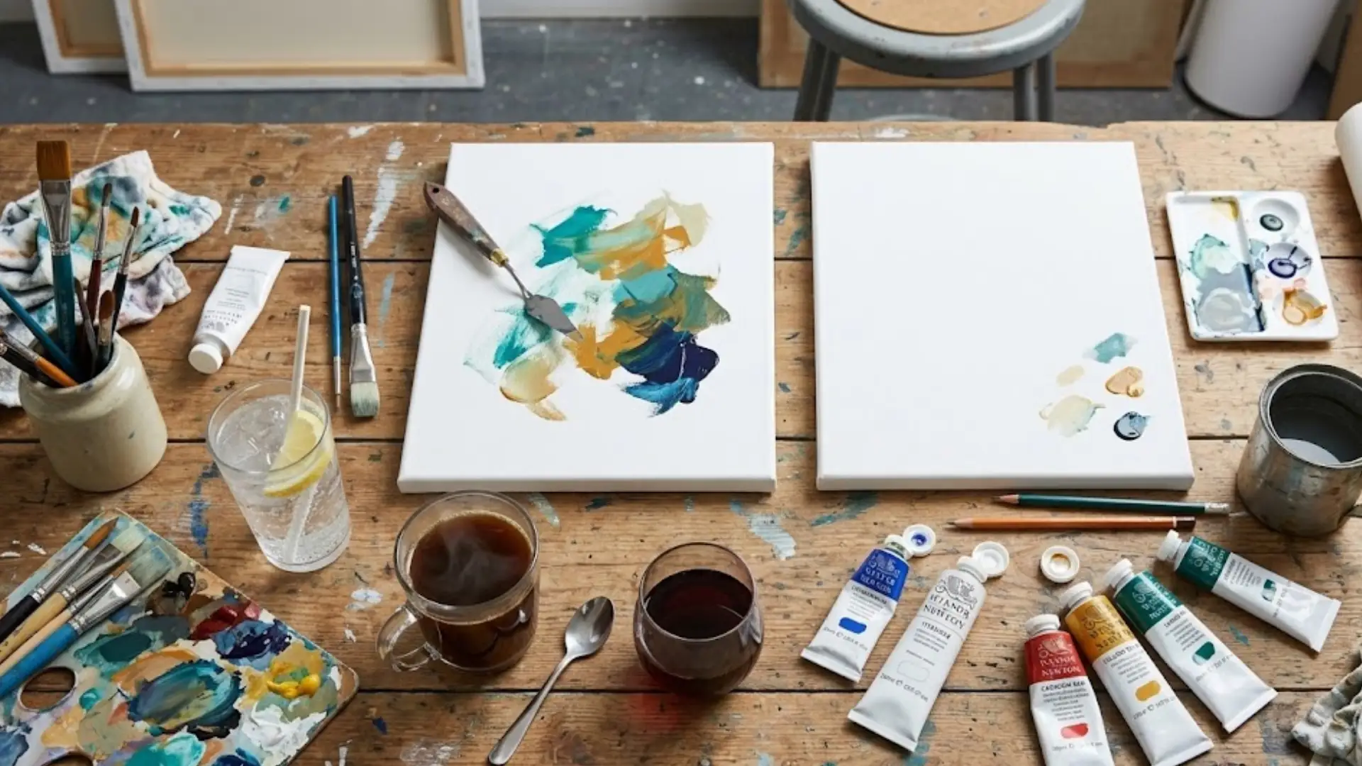 Art supplies and paint tubes on wooden table with two canvases, brushes, and drinks in creative workspace