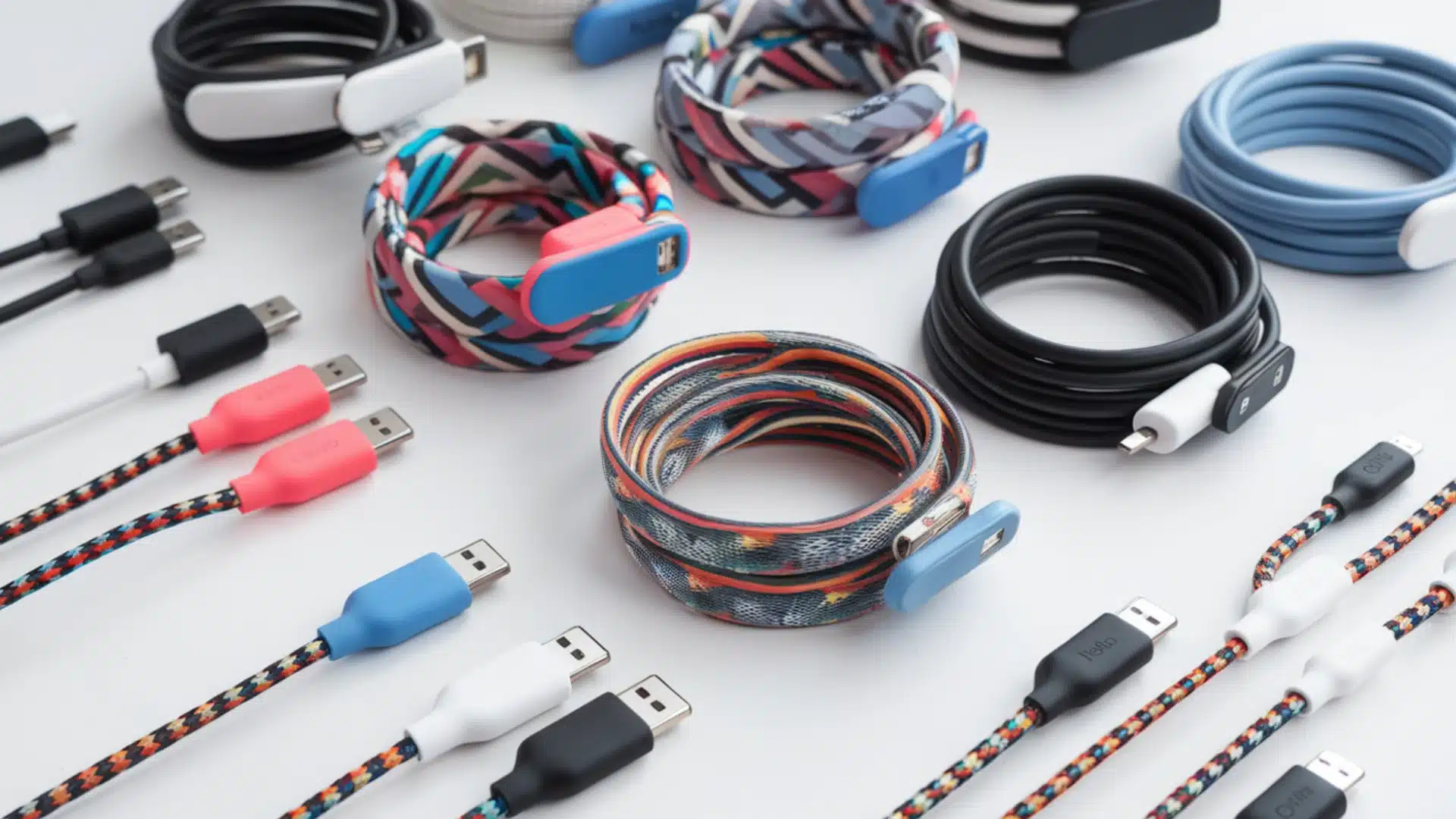 Assorted braided and coiled charging cables with USB connectors neatly arranged on a white surface