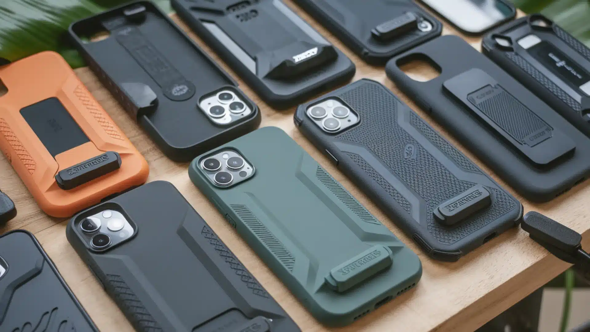 Assorted rugged smartphone cases with textured designs displayed on table showing variety of styles and colors