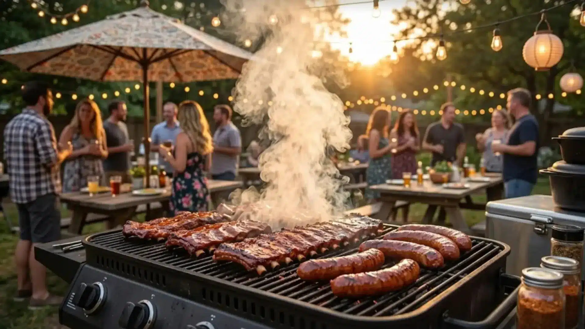 Backyard barbecue with grilled ribs and sausages, friends chatting under string lights at sunset gathering