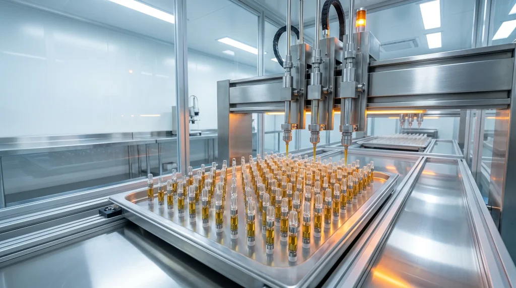 Automated machinery filling glass vials with liquid in modern industrial laboratory setting