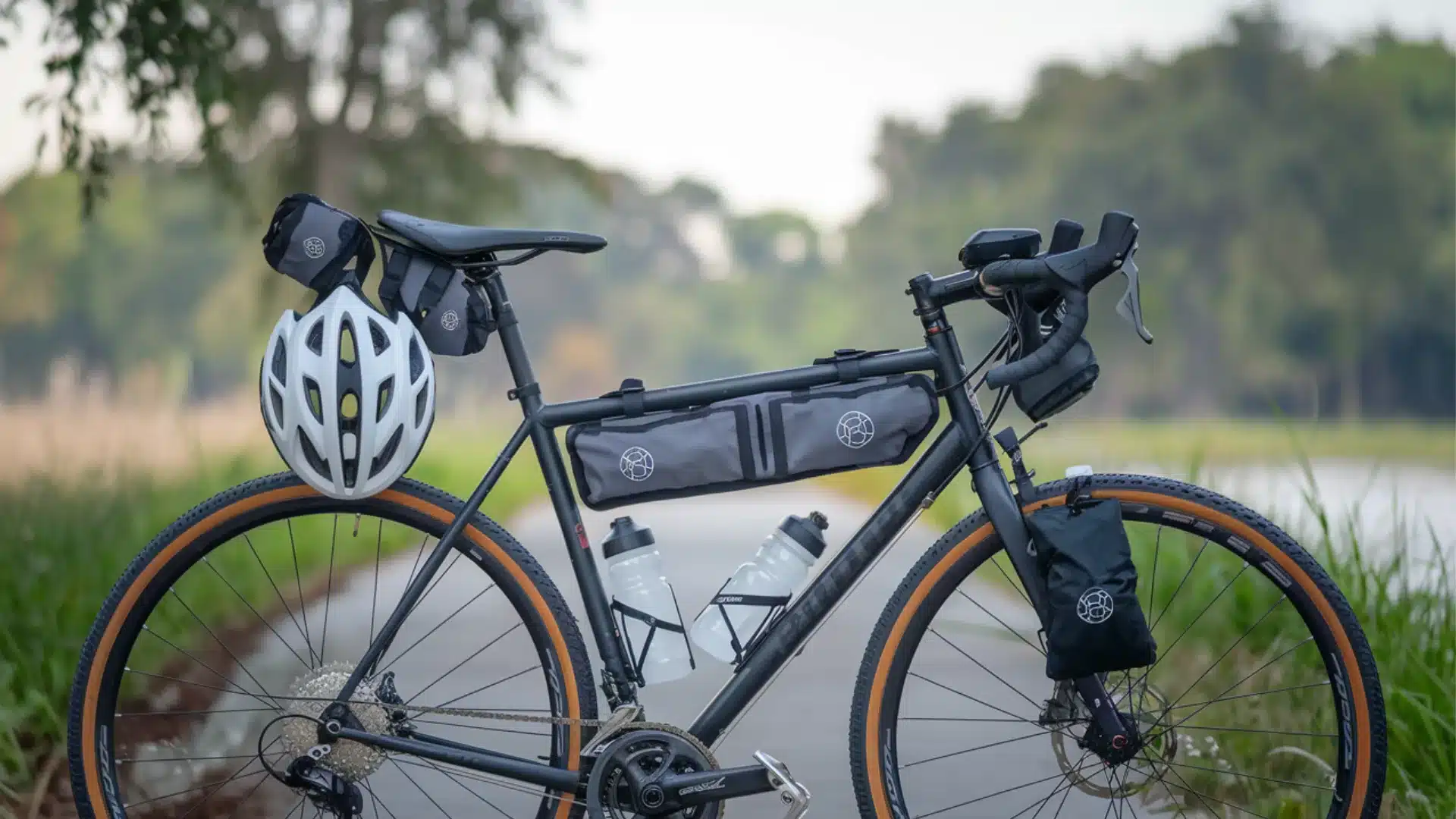 Bikepacking bicycle with frame bags, water bottles and helmet parked on scenic road surrounded by greenery