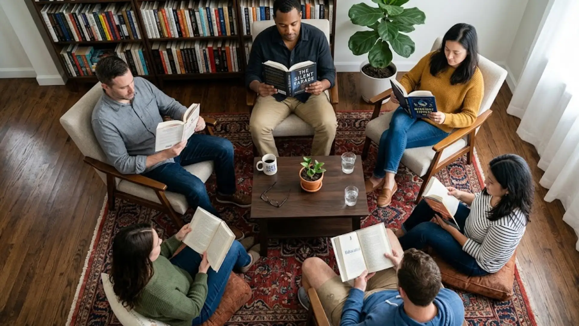 Book club group reading together in cozy living room, seated in circle with books and calm atmosphere