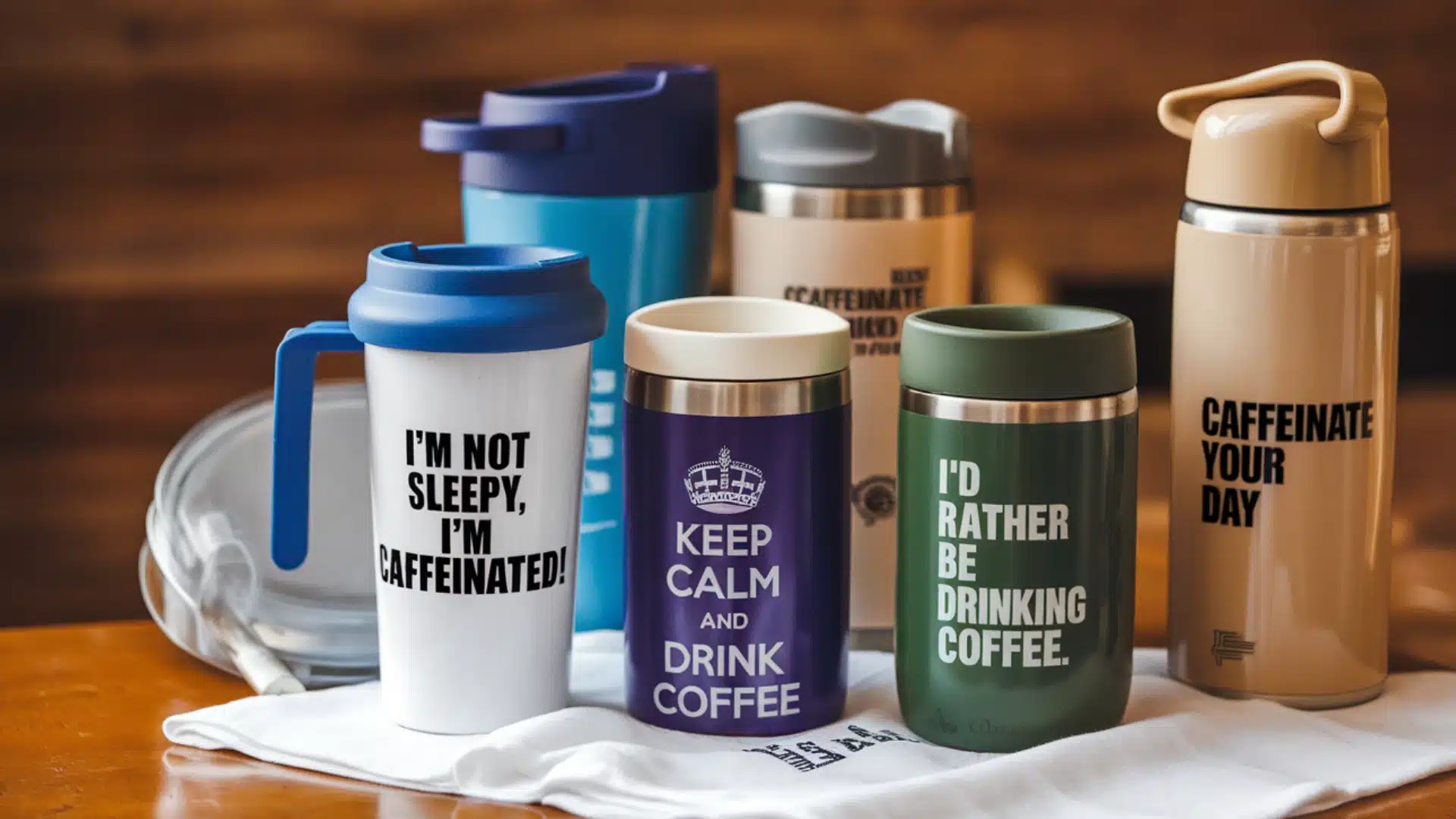 Branded reusable coffee tumblers with printed quotes displayed on table in warm indoor setting