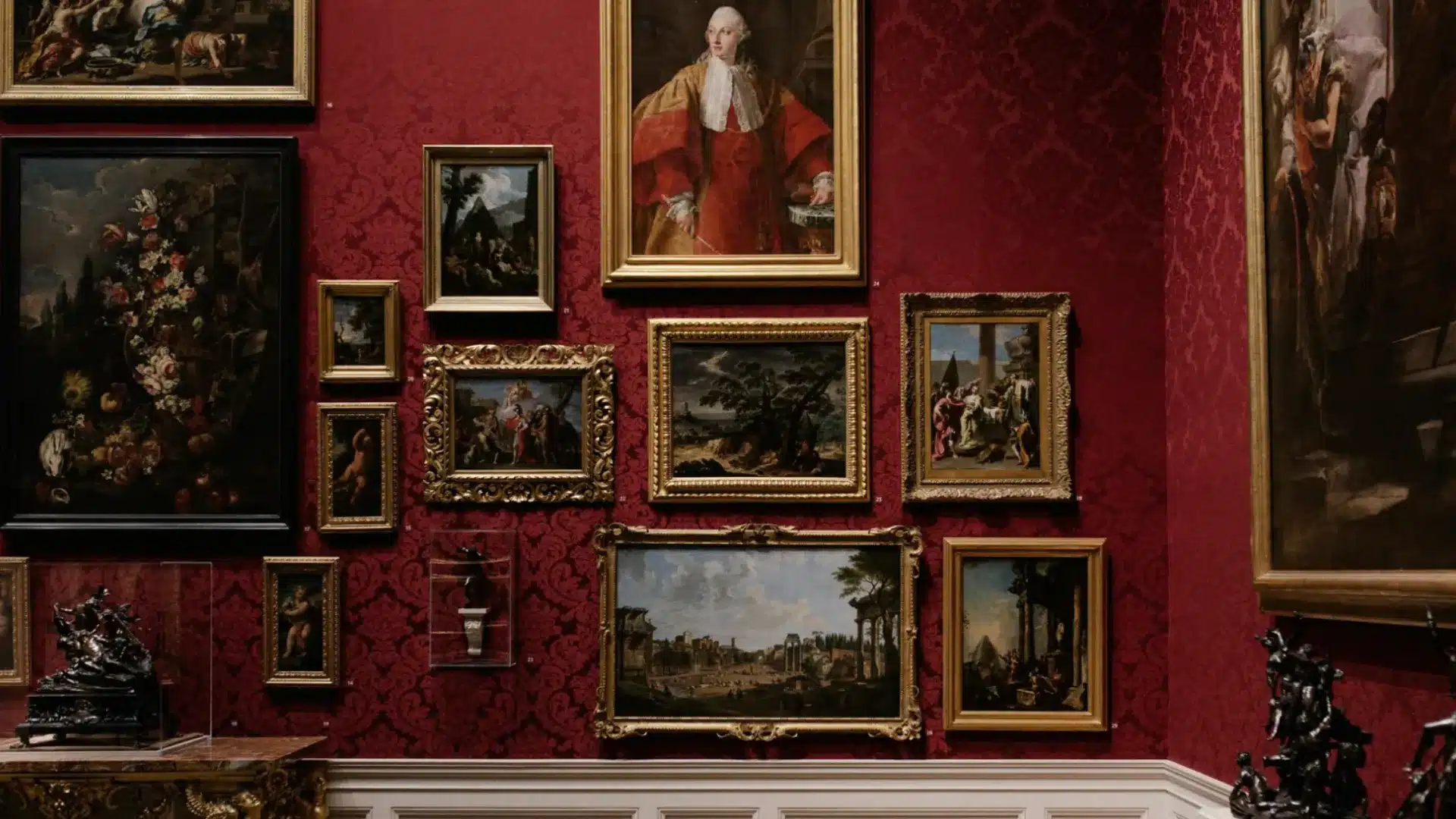Classic art gallery wall with framed paintings on red patterned walls and decorative sculptures on display