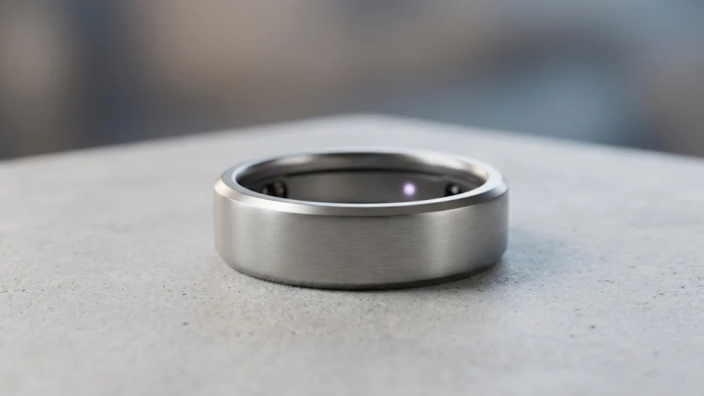 Close-up of a sleek, brushed titanium smart ring on a gray stone surface, featuring internal sensors and soft, premium lighting.