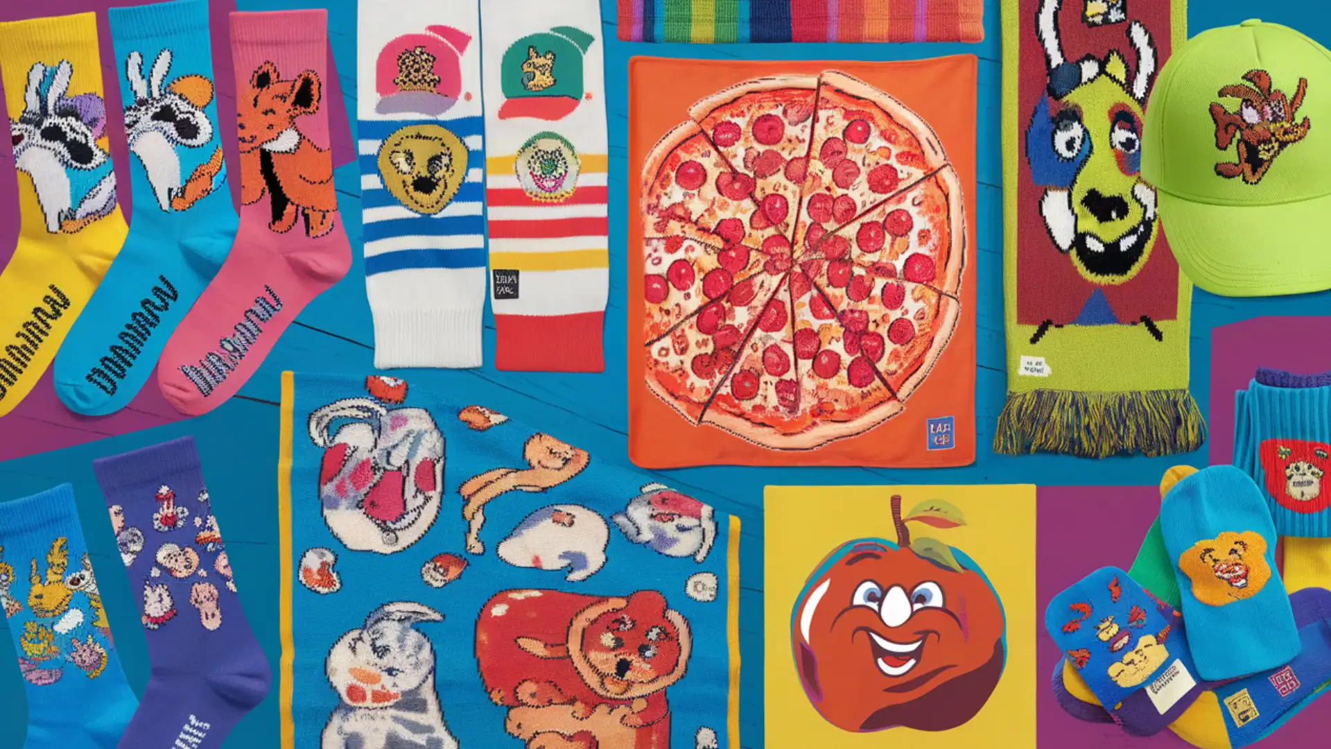 Collection of colorful socks, towels, and accessories with playful designs arranged on bright backdrop