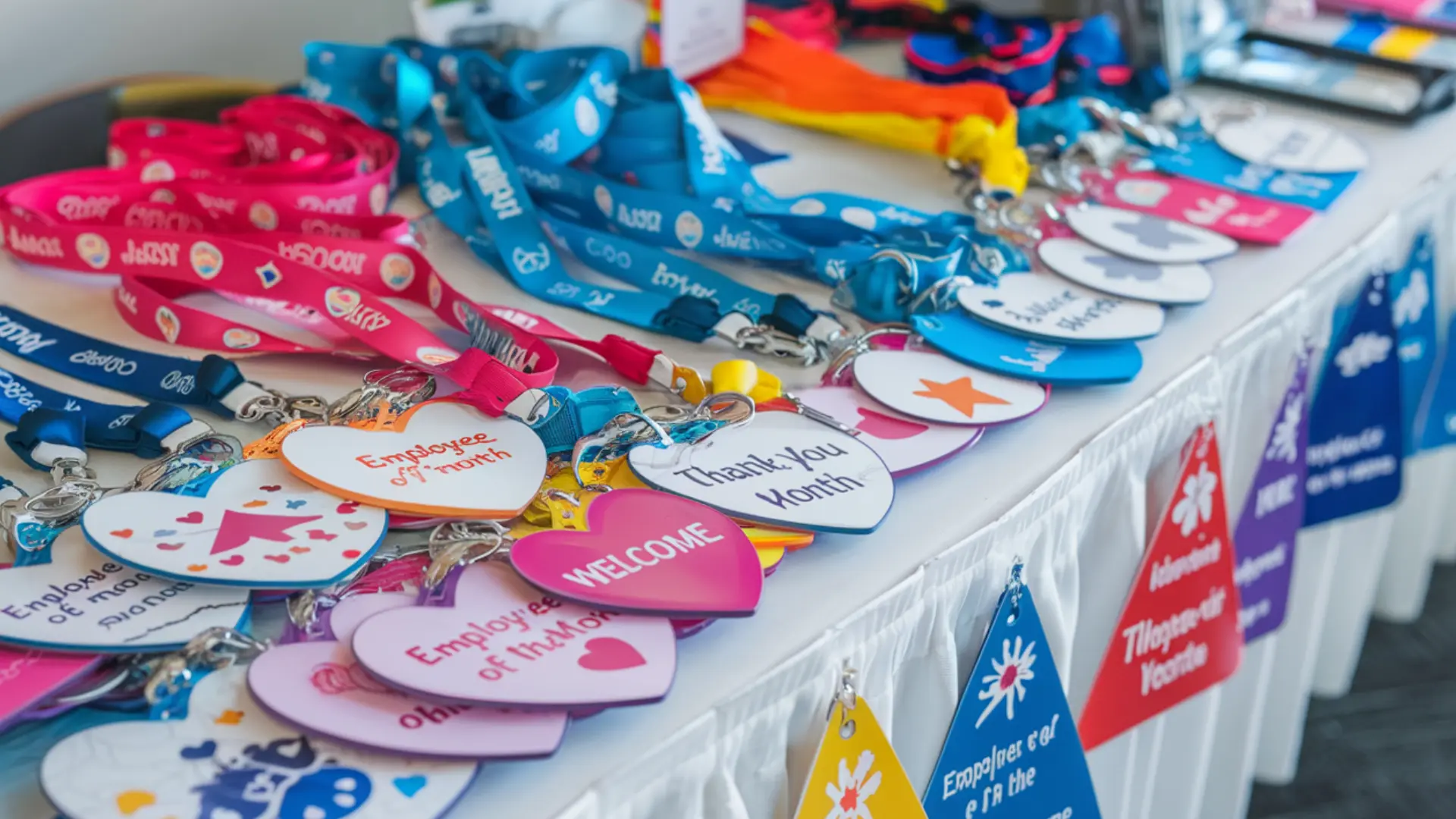 Colorful branded lanyards and badge holders displayed on table for events, employee recognition and giveaways