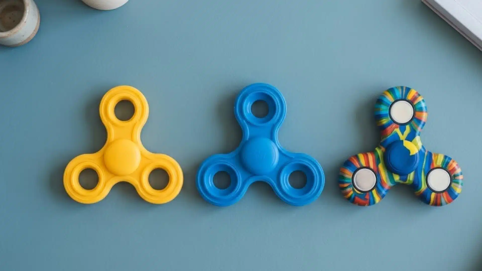 Colorful fidget spinners arranged on blue surface showing different styles and vibrant patterns