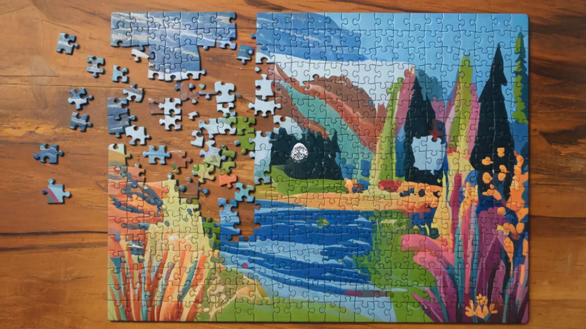 Colorful jigsaw puzzle partially completed with scattered pieces forming scenic landscape on wooden table