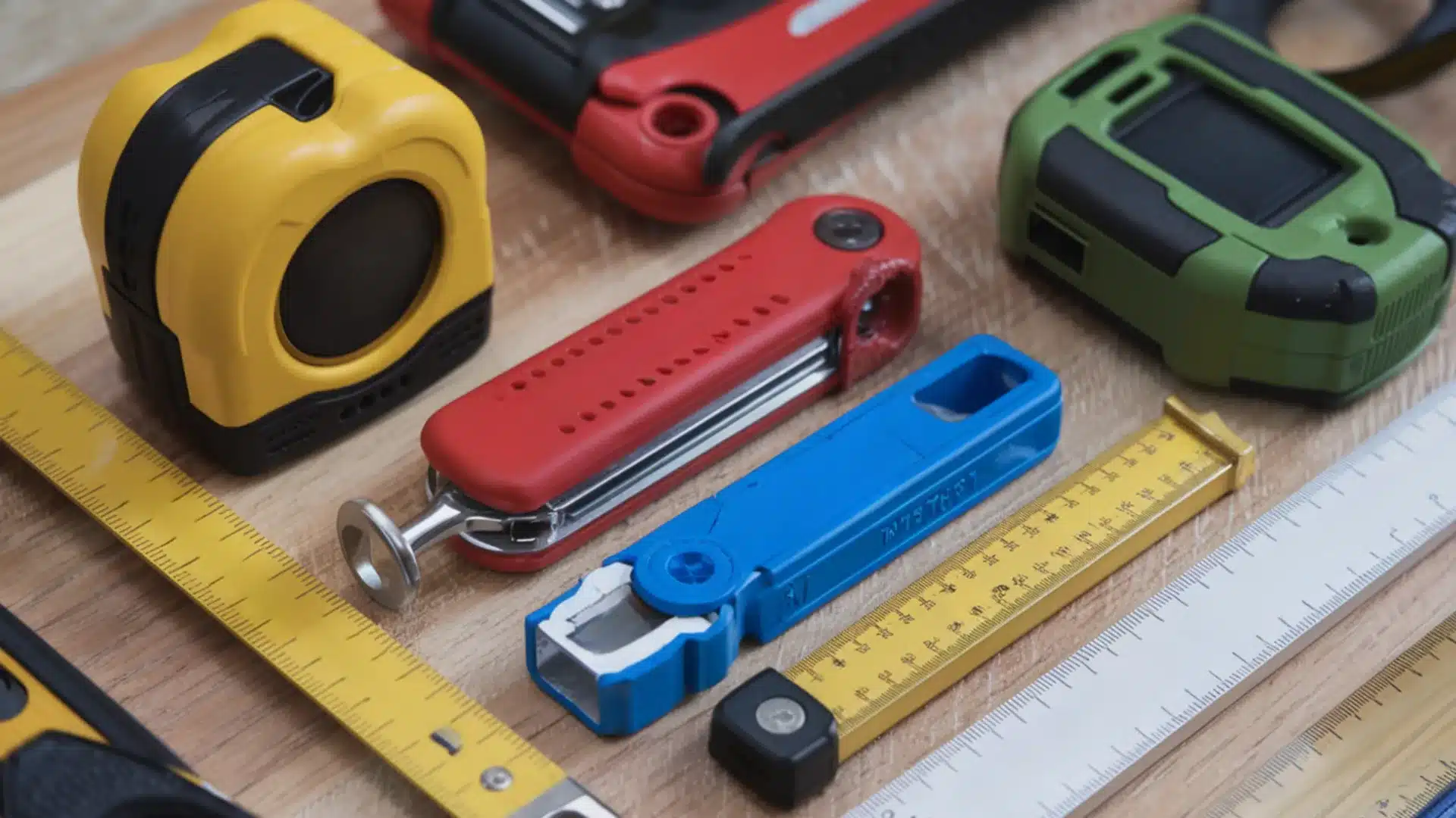 Colorful measuring tools including tape, measures, rulers and utility knives arranged neatly on wooden workbench