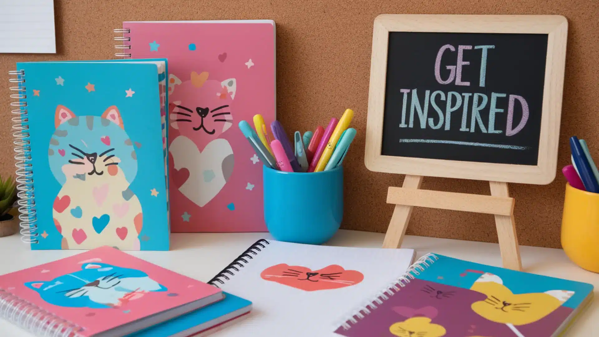 Colorful notebooks with cute cat designs, pens, and chalkboard sign saying get inspired on desk