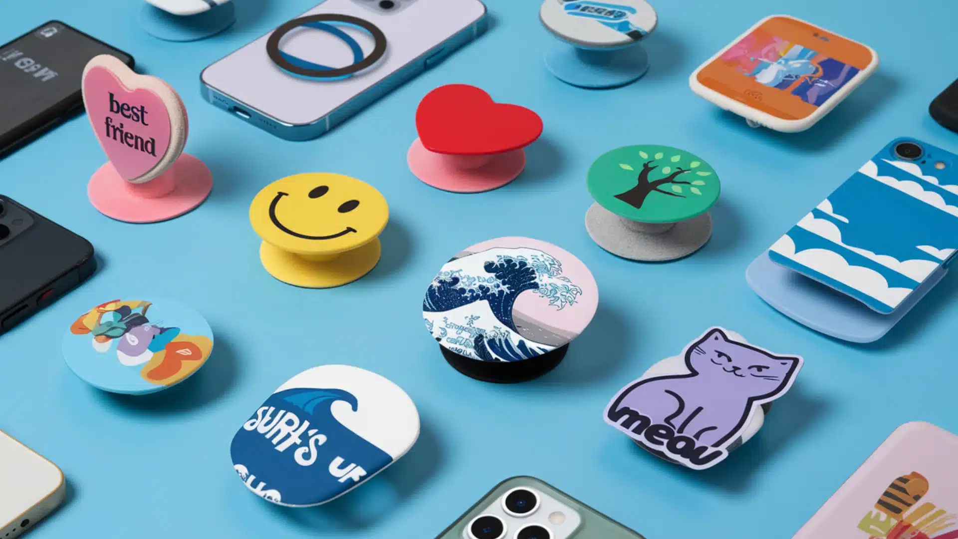 Colorful phone grips and stands with fun designs arranged around smartphones on bright blue background