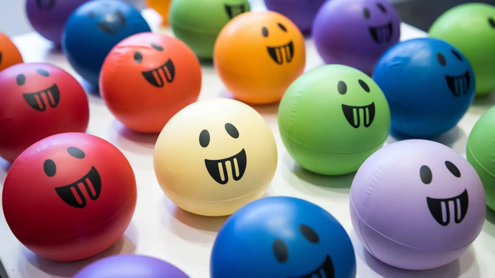 Colorful smiley face stress balls scattered on surface showing fun promotional items for stress relief