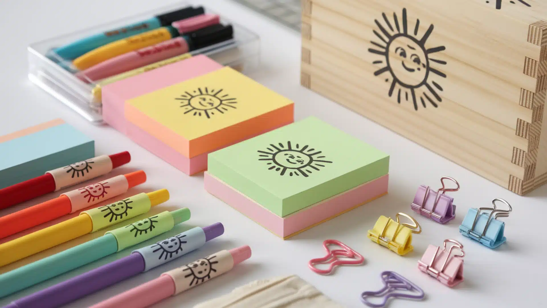 Colorful stationery set with sticky notes, pens, clips and wooden box featuring cheerful sun design