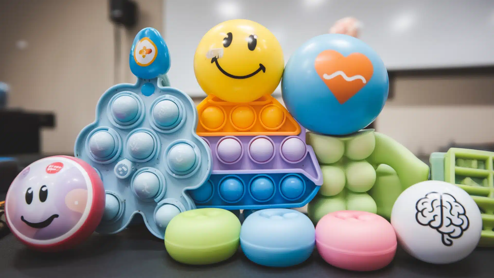 Colorful stress relief toys including pop its and smiley balls arranged on desk for sensory play and fun