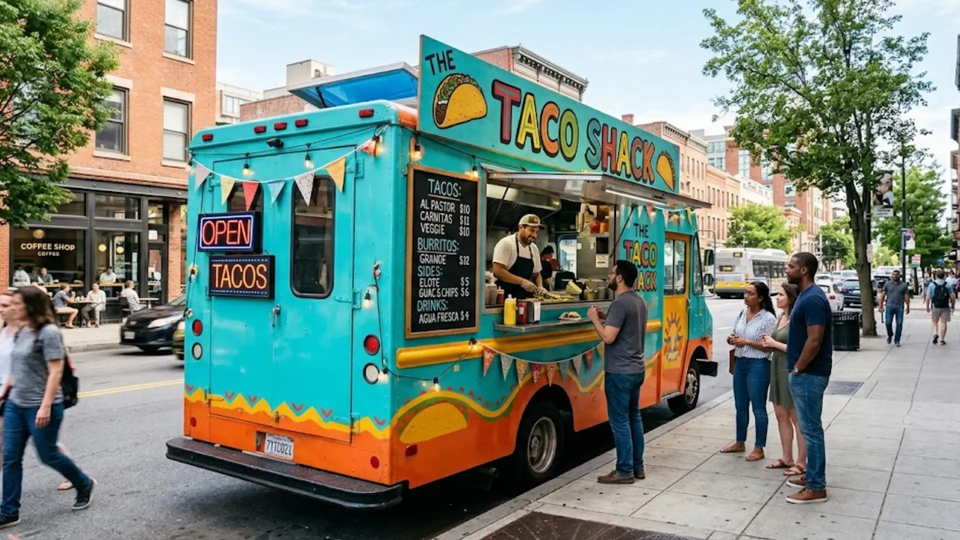 Colorful taco food truck on city street serving customers, people waiting in line for fresh street tacos